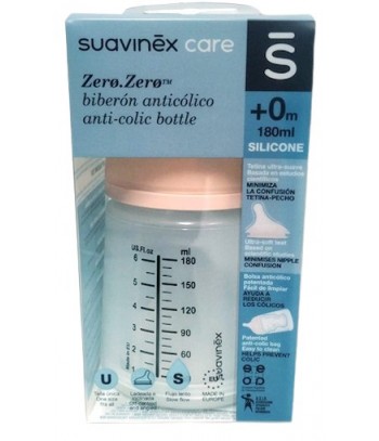 Suavinex Biberón Anticólico Zero.ZeroTM +0 Meses Tetina de Silicona Ultra-Suave Flujo Lento 180ml