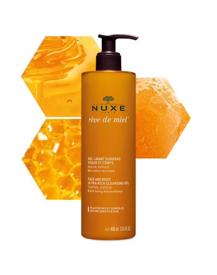 Nuxe Rêve de Miel Dermatological Cleansing Gel for Face and Body, Dry and Sensitive Skin 400ml