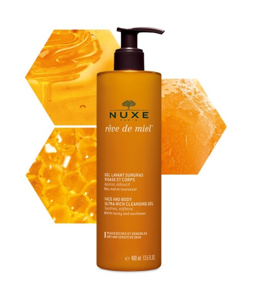 Nuxe Rêve de Miel Dermatological Cleansing Gel for Face and Body, Dry and Sensitive Skin 400ml