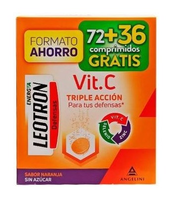 Leotron Defensas Vitamina C Triple Acción Sabor Naranja 72+36 Comprimidos Efervescentes