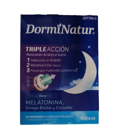 DormiNatur Tripe Acción Melatonina Ginkgo Biloba y Cúrcuma 30 Comprimidos