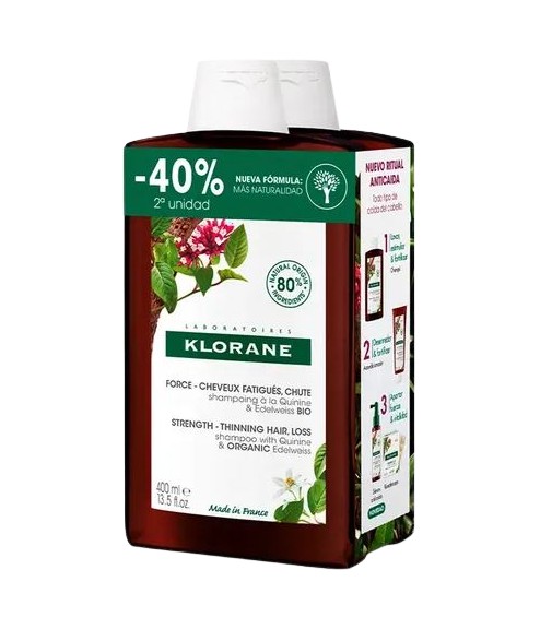Klorane Champú Quinica & Edelweiss Cabellos Debilitados Caída Pack 2 unidades de 400 ml ml