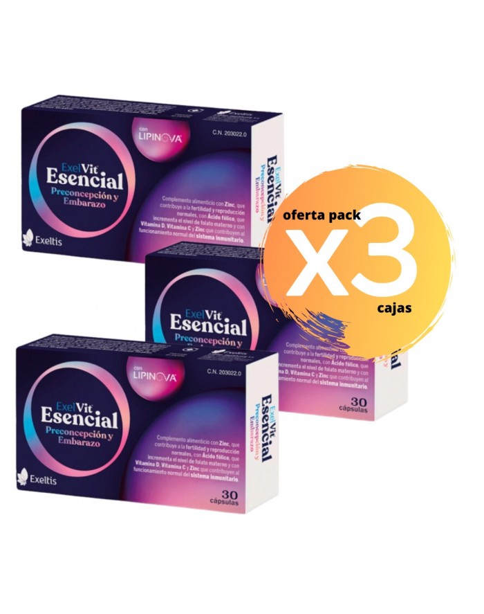 Pack triple de ExelVit Esencial Preconcepción y Embarazo 30 Cápsulas -  Farmaten