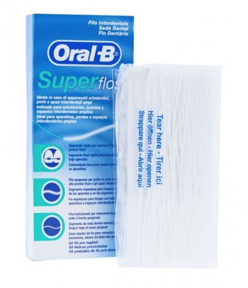 Oral B Seda Dental Interdental Superfloss para Ortodoncia, Puentes y Espacios Interdentales Amplios 50 Unidades.